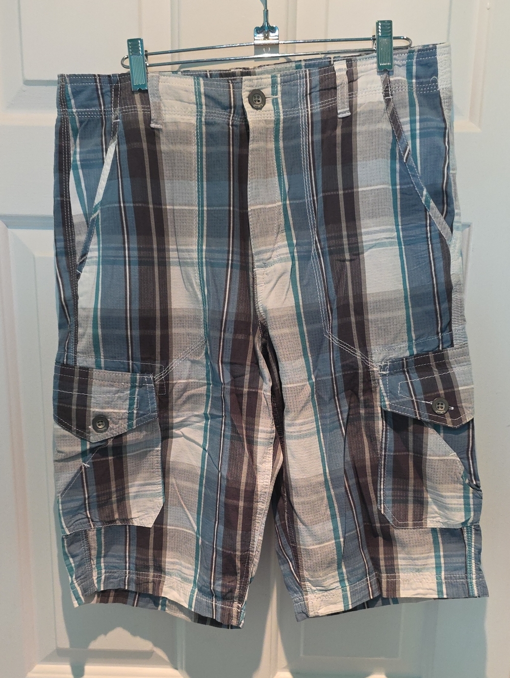 Helix Men's Blue, Gray & White Plaid Cargo Shorts, Lightweight & Soft